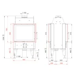 Twin 7NCP Tunnel-Eckkamineinsatz Rechtsverglast 7kW -Besten Kamin Laden eck kamineinsatz tunnelkamineinsatz bef twin 7ncp masse1 1280x1280