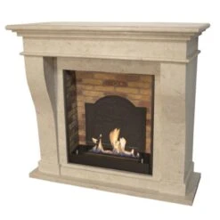 Kreta Bioethanol Kamin Naturstein Weiß Mit Steindekor Und Medaillon