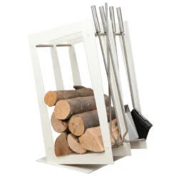 Designer Rechteckige Holzablage Mit Kaminbesteck Weiß