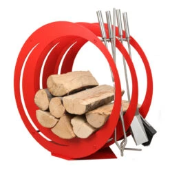 Designer Runde Holzablage Mit Kaminbesteck Rot